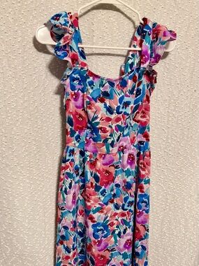Bright Floral Midi Dress - Blue & Pink